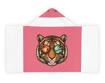 Tijgergezicht met zonnebril jeugd handdoek met capuchon | Roze kauwgomontwerp