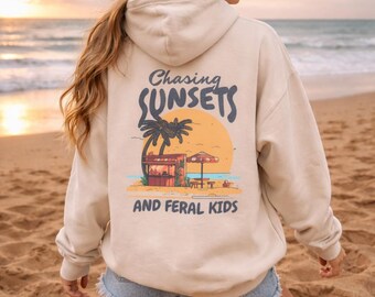 Chasing Sunsets And Feral Kids Beach Hoodie – Retro Sunset Graphic Hoodie Sand