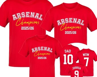Arsenal Champions 2025/26 Personalised Family Celebration T-Shirts, Kids & Adults