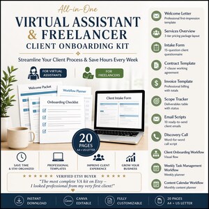May include: A client onboarding kit for virtual assistants and freelancers. The image shows a laptop, documents, and icons representing various features like a welcome letter, invoice template, and workflow planner. The kit includes 20 pages and is Canva editable.