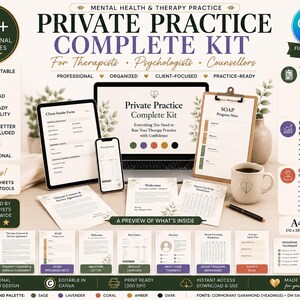 May include: A digital kit for mental health professionals featuring a laptop, tablet, and smartphone displaying templates. Includes printed forms, a clipboard with SOAP notes, a coffee mug, and a pen, all showcasing text for a private practice.