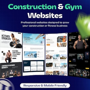 Puede incluir: Imagen promocional para sitios web de construcción y gimnasios. La imagen presenta maquetas de sitios web con texto como "Activate Strength" y "Unleash Your True Power". Los sitios web se describen como responsivos y compatibles con dispositivos móviles.