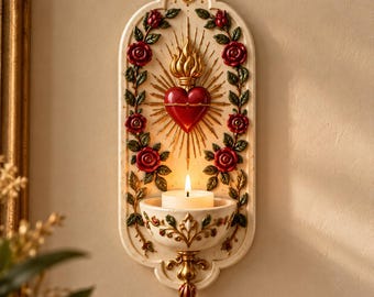 Sacred Heart Wall Candle Holder, Floral Baroque Sconce, Catholic Wall Decor