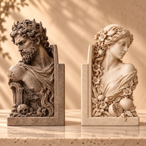 May include: A pair of L-shaped bookends featuring sculpted busts. The left bookend depicts a bearded figure with a crown, a wolf, and a skull. The right bookend shows a figure with flowing hair adorned with flowers and pomegranates.