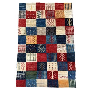 Abstract patchwork gabbeh-tapijt, handgeknoopt wollen vloerkleed, tribal kleurrijk dambordtapijt