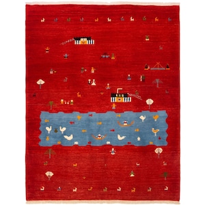Tappeto Gabbeh rosso, arte popolare, scena di animali e fiume, tappeto in lana fatto a mano, decorazione d'arredo.