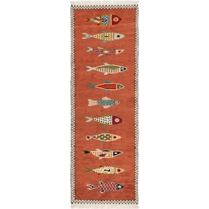 Koi Fish Runner Rug, Hand-Knotted Wool Hallway Carpet, Colorful Coastal Kitchen Bathroom Entryway Runner