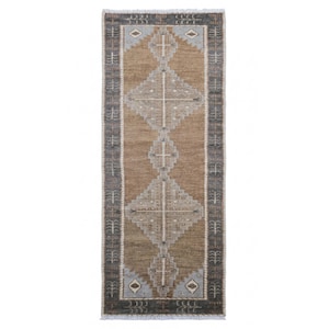 May include: A rectangular rug with a central diamond pattern in brown, grey, and beige. The rug features a border with a repeating tree-like design and fringing at the ends. Suitable for a hallway or entryway, the rug is a decorative floor covering.