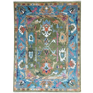 May include: A rectangular area rug featuring a central olive green field decorated with symmetrical, abstract floral and geometric motifs in shades of orange, light blue, white, and pink, enclosed by a wide, vibrant blue border with patterns.