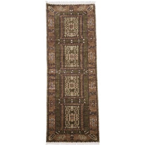 May include: A rectangular runner rug featuring a repeating pattern of four central geometric medallions in olive green and brown. The border displays smaller stylised motifs in white, and the ends are finished with short white fringe.