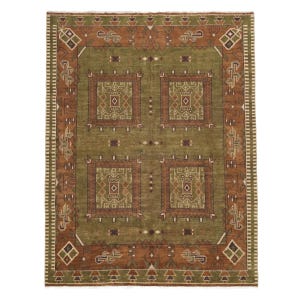 May include: A rectangular rug with a central olive green field and a border in shades of brown and beige. The rug features geometric patterns, including squares and diamond shapes, creating a traditional design.