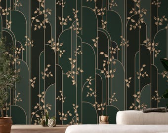 Art Deco Green and Gold Retro Leaf Wallpaper - Removable Peel and Stick Canvas or Vinyl Mural