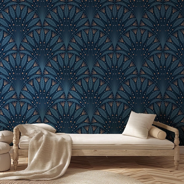 Art Deco Navy Blue and Gold Geometric Wallpaper - Removable Peel and Stick Canvas or Vinyl Mural