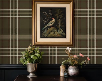 Plaid Tartan Olive Green Wallpaper – Moody Sage Green Farmhouse Peel and Stick Canvas or Vinyl Mural