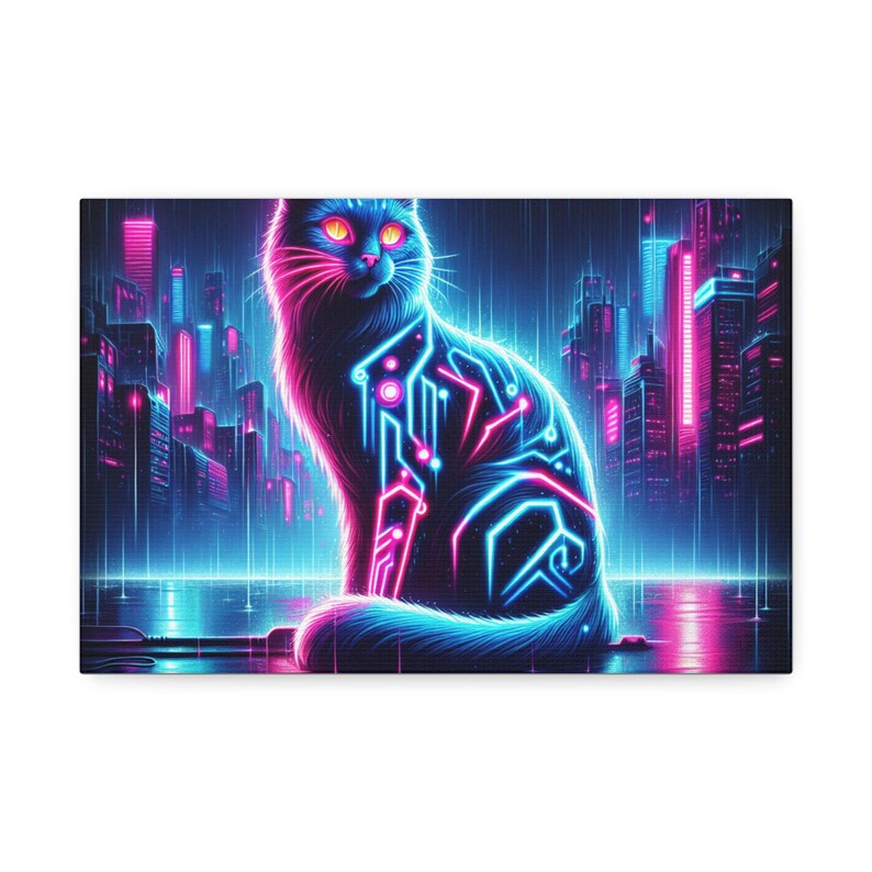 Custom Cyberpunk Pet Portrait Canvas — Neon Synthwave Cat & Dog Art - Etsy