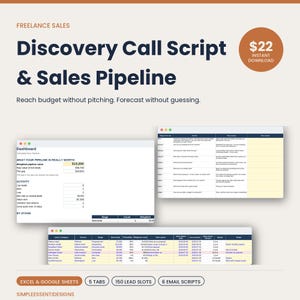 Puede incluir: Una plantilla digital titulada Freelance Sales Discovery Call Script & Sales Pipeline. Incluye un panel que muestra el valor del pipeline, actividad y etapas, junto con una tabla de guiones de llamadas y seguimiento de leads para Excel y Google Sheets.