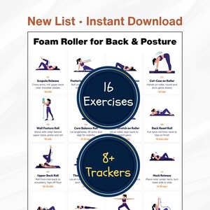 May include: A digital instructional chart titled Foam Roller for Back & Posture featuring 16 exercise illustrations with text descriptions, plus 16 Exercises and 8+ Trackers labels. The layout includes step-by-step guides for various movements.