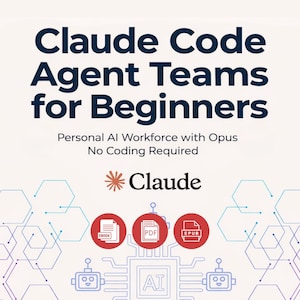 Op de afbeelding: Een promotionele afbeelding met de tekst "Claude Code Agent Teams for Beginners". De afbeelding bevat het Claude-logo, pictogrammen voor EBOOK-, PDF- en EPUB-formaten en een afbeelding van een printplaat met de letters "AI".