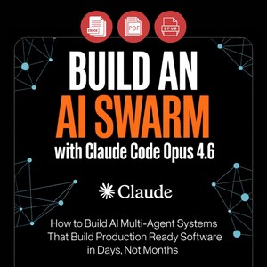 Op de afbeelding: Een zwarte afbeelding met de titel "BUILD AN AI SWARM" in witte en oranje tekst. De afbeelding bevat de tekst "with Claude Code Opus 4.6" en "How to Build AI Multi-Agent Systems That Build Production Ready Software in Days, Not Months."