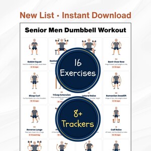Dumbbell Workout voor Senioren (60+) - Printbare PDF, 16 Krachttrainingsoefeningen, Fitnessroutine voor Senioren thuis, Oefeningenposter voor Senioren