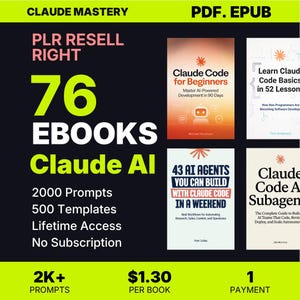 May include: A promotional graphic for 76 eBooks on Claude AI, including 2000 prompts and 500 templates. The image features book covers with titles like "Claude Code for Beginners" and "43 AI Agents You Can Build with Claude Code in a Weekend."
