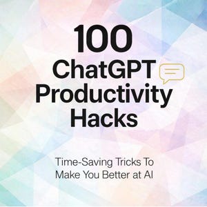 Może przedstawiać: Grafika z tekstem "100 ChatGPT Productivity Hacks" pogrubioną czcionką. Poniżej wyświetlany jest tekst "Time-Saving Tricks To Make You Better at AI". Tło ma geometryczny wzór w pastelowych kolorach.