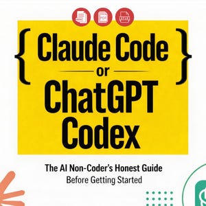 Może przedstawiać: Żółte tło z tekstem "Claude Code or ChatGPT Codex" dużymi czarnymi literami. Poniżej znajduje się tekst "The AI Non-Coder's Honest Guide Before Getting Started". Ikony Ebook, PDF i EPUB znajdują się u góry.