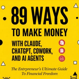 Könnte beinhalten: Ein gelbes Buchcover mit dem Titel "89 WAYS TO MAKE MONEY" in großen schwarzen Buchstaben. Der Untertitel lautet "WITH CLAUDE, CHATGPT, COWORK, AND AI AGENTS." Das Cover enthält auch Symbole für E-Book-, PDF- und EPUB-Formate.