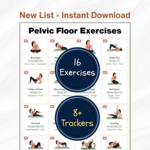 May include: A digital chart titled Pelvic Floor Exercises featuring 16 illustrated workout routines with instructions, repetition counts, and muscle group labels. The document includes two dark blue circular overlays stating 16 Exercises and 8+ Trackers.
