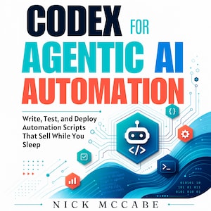 May include: A book cover titled CODEX FOR AGENTIC AI AUTOMATION by Nick McCabe. The text reads Write, Test, and Deploy Automation Scripts That Sell While You Sleep. The design features a blue robot icon, circuit board lines, and colorful hexagons.
