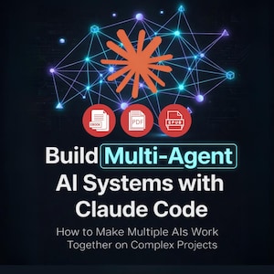 Op de afbeelding: Een digitale afbeelding met de tekst "Build Multi-Agent AI Systems with Claude Code". De afbeelding toont een netwerk van onderling verbonden knooppunten, drie pictogrammen voor ebook-, PDF- en EPUB-formaten en een oranje sterpatroon.