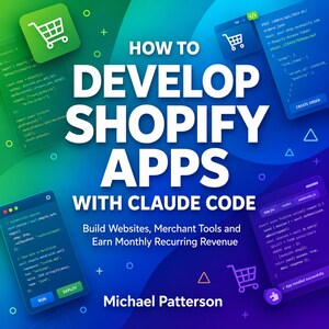 May include: A book cover titled How to Develop Shopify Apps with Claude Code by Michael Patterson. The design features a blue and green gradient background with white text, shopping cart icons, and code snippets displayed in floating windows.