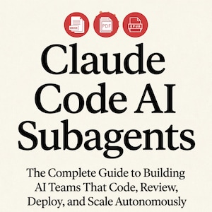 Op de afbeelding: Een boekomslag met de titel "Claude Code AI Subagents" in grote, vette zwarte letters. De ondertitel luidt "The Complete Guide to Building AI Teams That Code, Review, Deploy, and Scale Autonomously." Drie rode cirkels met witte iconen voor EBOOK, PDF en EPUB staan bovenaan.