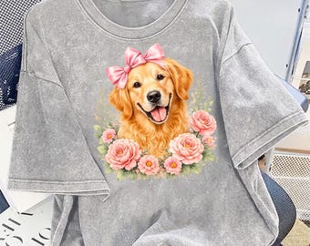 ゴールデンレトリバーの花柄PNG画像 | 水彩画風犬のリースデザイン | 犬好きのための昇華プリント