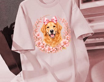 ゴールデンレトリバー ピンクフローラル PNG | コケットドッグママデザイン | 水彩画風犬昇華プリント
