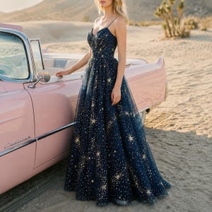 Starry Night Prom Dress Miss Jophiel Dark Navy Celestial Star Tulle Long Prom Dress With Bell