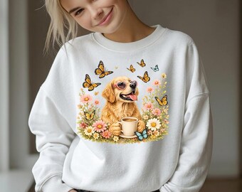 ゴールデンレトリバーと蝶のPNG画像 | 水彩画風の犬の庭のデザイン | コテージコア風の花柄昇華プリント