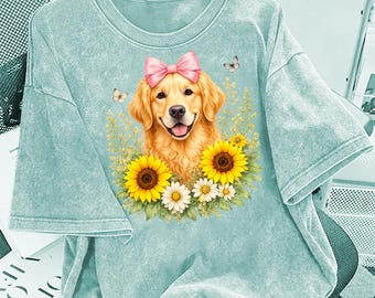 ゴールデンレトリバーとひまわりのPNG画像 | 水彩画風の犬好きママデザイン | 花柄の犬用昇華プリント