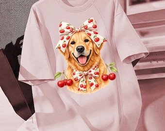 ゴールデンレトリバー チェリー PNG | コケット ドッグ リボン デザイン | 水彩画風子犬昇華プリント