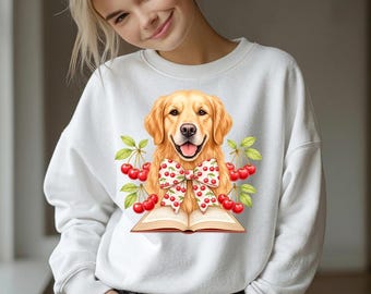 ゴールデンレトリバー チェリー PNG | コケット ドッグ リボン デザイン | 水彩画風子犬昇華プリント