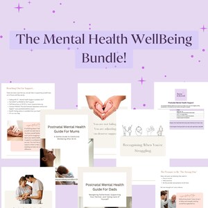 Op de afbeelding: Een bundel met bronnen voor geestelijke gezondheid en welzijn, met gidsen voor moeders en vaders, ondersteunende informatie en inspirerende citaten. Het ontwerp bevat een paarse achtergrond met sterren en diverse afbeeldingen en tekst.