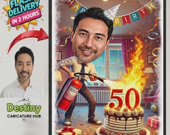 Aangepast grappig karikatuurportret (digitale download) – cadeau voor 50e verjaardag