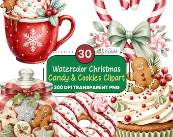 May include: A digital collection of watercolour Christmas illustrations featuring a red mug with hot cocoa, a candy cane heart with a green bow, a glass jar filled with assorted holiday cookies, a frosted doughnut, and a cupcake with a gingerbread man.