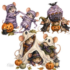 Głupie myszy Halloweenowe Clipart, Słodkie myszy PNG, Kapryśne myszy, Klipart dyniowy, Zwierzęta Halloweenowe