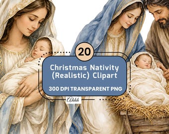 May include: A digital graphic featuring 20 Christmas Nativity realistic clipart images. The text reads 20 Christmas Nativity (Realistic) Clipart, 300 DPI TRANSPARENT PNG, and Ahhh. The artwork depicts figures in robes with infants in swaddling clothes.