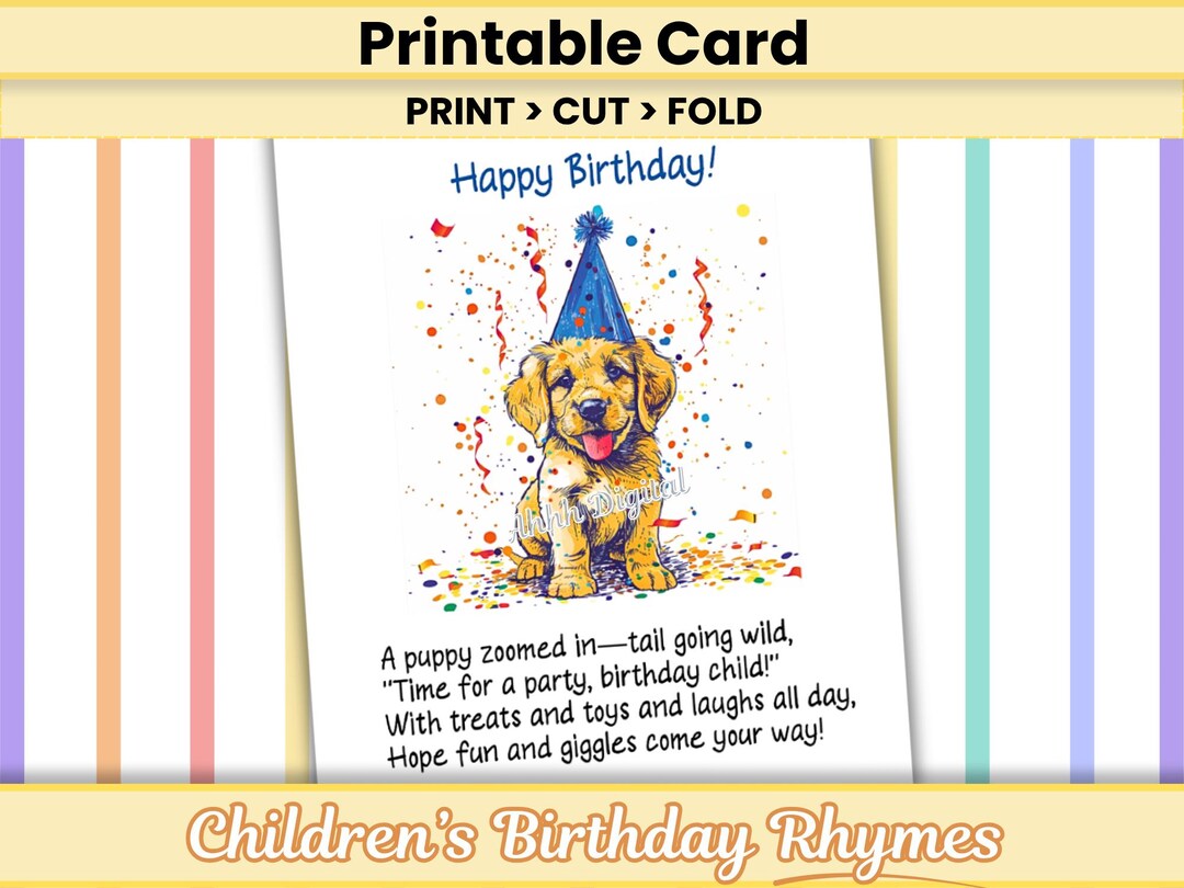 Printable Puppy Birthday Card for Kids, Cute Dog Birthday Card for ...