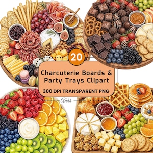 May include: A digital collection of charcuterie boards and party trays featuring assorted fruits, cheeses, meats, crackers, waffles, and desserts. The image includes the text 20 Charcuterie Boards & Party Trays Clipart 300 DPI TRANSPARENT PNG Ahhh.