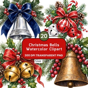 Può includere: Una collezione di illustrazioni ad acquerello di campane natalizie con campane argentate, dorate e rosse decorate con rami di pino, bacche di agrifoglio, pigne e nastri. L'immagine include il testo 20 Christmas Bells Watercolor Clipart 300 DPI TRANSPARENT PNG Ahhh.