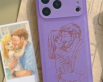 Funda personalizada para iPhone 17 Pro, 16 y 15, con grabado de arte lineal en retrato, en cuero morado con grabado personalizado.