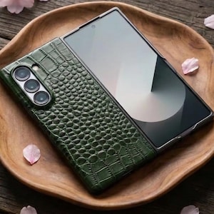 Étui personnalisé pour Galaxy Z Fold 8/7/6, en cuir de crocodile vert.